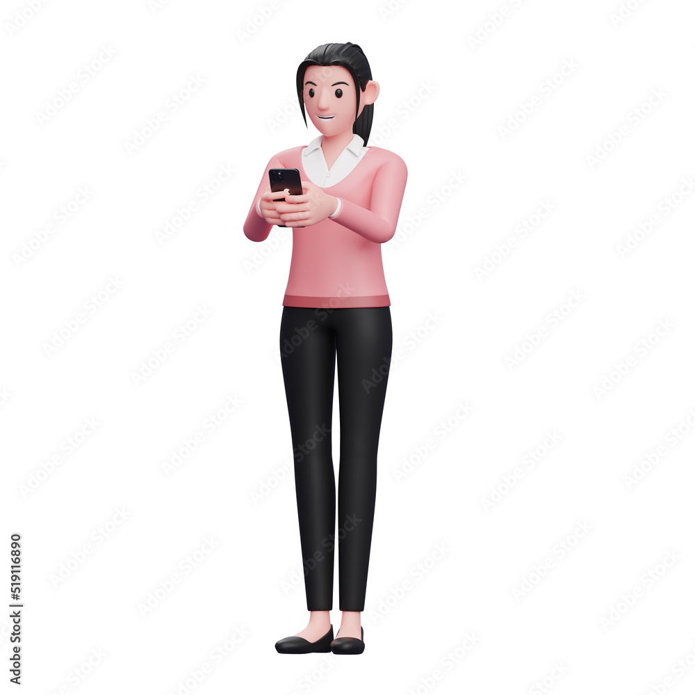 girl in sweater Typing Message on the Smartphone, 3D render sweet girl character illustration girl in sweater Typing Message on the Smartphone, 3D render sweet girl character illustration