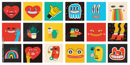Big Set of Different colored Vector illustartions for posters in Cartoon Flat design. Hand drawn Abstract shapes, faces, different texture funny Comic characters.
