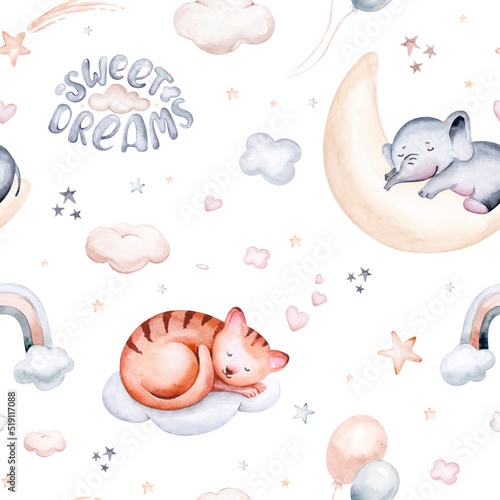 Watercolor pattern for children with sleeping baby cat and elephant. baby fabric, poster pink with beige and blue clouds, moon, sun. Nursery kitty print illustration textile