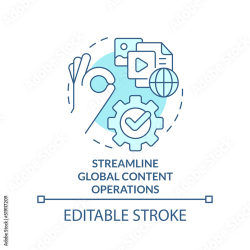 Streamline global content operations turquoise concept icon. Design strategy abstract idea thin line illustration. Isolated outline drawing. Editable stroke. Arial, Myriad Pro-Bold fonts used