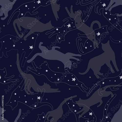 Seamless pattern of silhouettes of cats with stars in different poses. Cute cats play, jump in outer space. Night dream sky. Vector graphics.