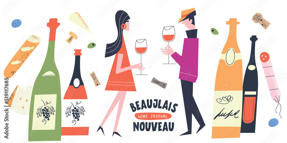 Beaujolais Nouveau Wine Festival. Vector illustration, a set of design elements for a wine festival. Beaujolais Nouveau Wine Festival. Vector illustration, a set of design elements for a wine festival.