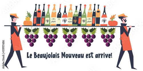 Beaujolais Nouveau Wine Festival. Vector illustration, a set of design elements for a wine festival. The inscription means Beaujolais Nouveau has arrived!