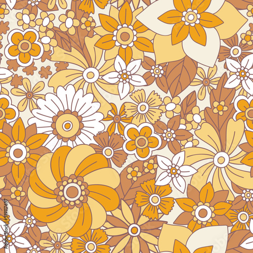 Retro floral seamless pattern in 70s 60s style. Flower Child  Hippie Style  summer floral  wild flowers background. Groove flowers texture of the stile of seventies. Vector.