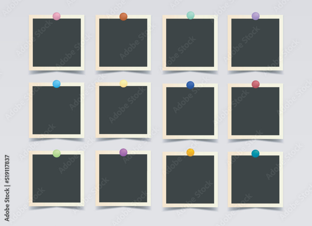 Set of black square photo frames on colored pins. Vector realistic ...