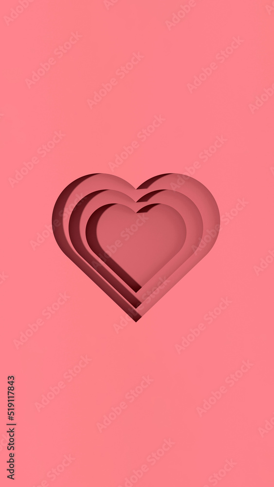 pink hearts with shadows. heart-shaped grooves with shadows. Valentine's Day. Vertical image. 3D image. 3d rendering.