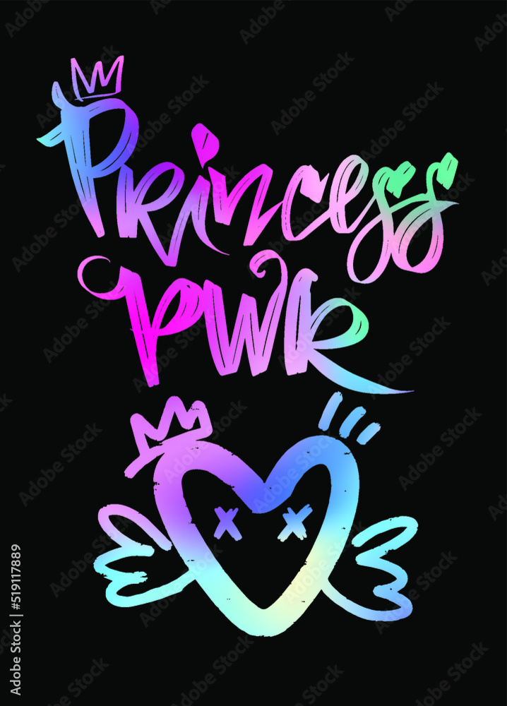 card with colorful lettering. Princess power illustration on black background with heart sign card with colorful lettering. Princess power illustration on black background with heart sign