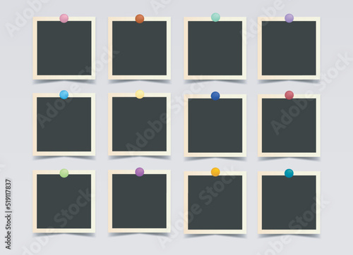 Set of black square photo frames on colored pins. Vector realistic mockup. 12 posters, photo cards or paper sheets with white border. Blank Template for collages and design. EPS10.