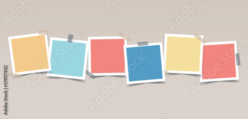 Multicolored empty photo cards with  adhesive tape in a row. Vector realistic mockup for design, presentations, photos. Six square photo frames with white border. Blank Template. EPS10.
