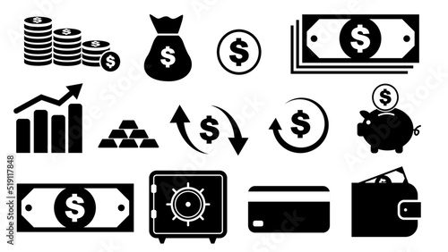 Finance icons. Business Icons, money signs. Money silhouette collection. Wallet with cards icon. Coins silhouette icon. Growth chart. Moneybag or stash. Piggy bank flat style - stock vector.
