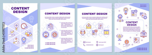 Content design purple brochure template. Digital marketing. Leaflet design with linear icons. Editable 4 vector layouts for presentation, annual reports. Arial-Black, Myriad Pro-Regular fonts used