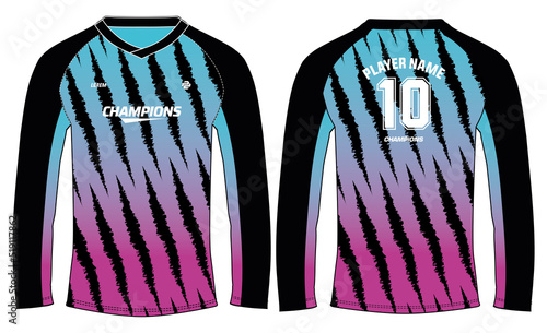 Long sleeve Racing t shirt, Sports jersey design flat sketch illustration, brush stroke pattern Motocross jersey concept with front and back view , Cricket, football, Volleyball uniform kit designs