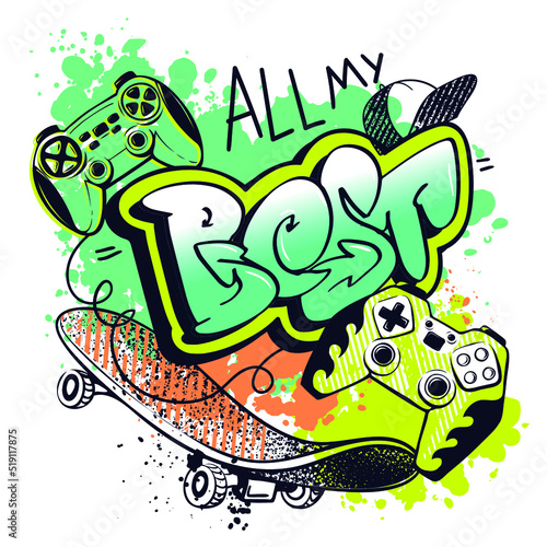 Gamepad and skateboard repeat print for sport textile, boy clothes, wrapping paper. Gaming poster on grunge spray paint ink background. 