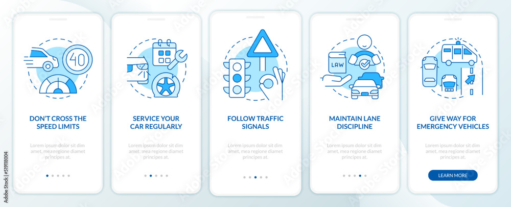 Common driving safety rules blue onboarding mobile app screen. Walkthrough 5 steps editable graphic instructions with linear concepts. UI, UX, GUI template. Myriad Pro-Bold, Regular fonts used Common driving safety rules blue onboarding mobile app screen. Walkthrough 5 steps editable graphic instructions with linear concepts. UI, UX, GUI template. Myriad Pro-Bold, Regular fonts used