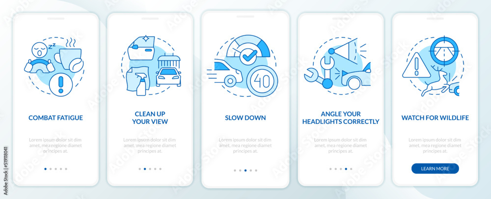 Driving safety at night blue onboarding mobile app screen. Walkthrough ...
