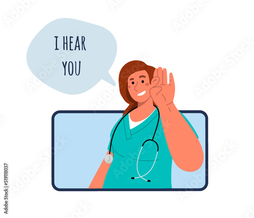 Phone call with female doctor.Online consulting on mobile phone.Flat vector