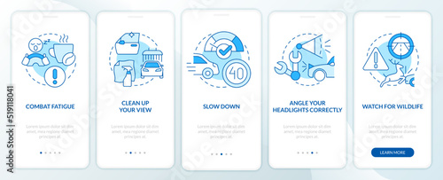 Driving safety at night blue onboarding mobile app screen. Walkthrough 5 steps editable graphic instructions with linear concepts. UI, UX, GUI template. Myriad Pro-Bold, Regular fonts used