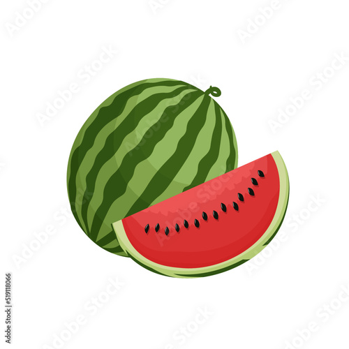 Watermelon parts set cartoon vector illustration. Whole watermelon and slice. Melon. Exotic fruit on white background.