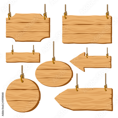 Fototapeta Naklejka Na Ścianę i Meble -  Set of blank hanging on the rope wooden signboards. Square, arrow, circle. Cartoon style vector guidepost illustration. Rough wooden shapes on the ropes. Bricks.