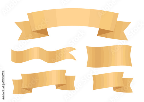 Old Golden ribbons banners cartoon vector illustration isolated on white background. Set of 5 golden flags 