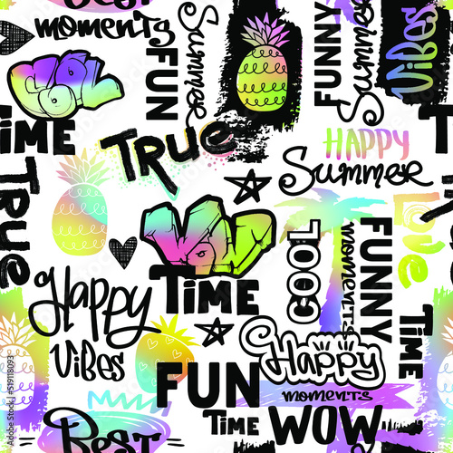 Abstract seamless summer pattern. Tropical repeat print with Havaii set of pineapl, flip flops, palm tree, strawberry,, wording hand written text. Grunge tropic endless ornament for wrapping paper.