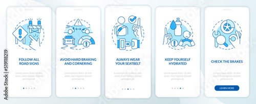 Commercial drivers safety blue onboarding mobile app screen. Walkthrough 5 steps editable graphic instructions with linear concepts. UI, UX, GUI template. Myriad Pro-Bold, Regular fonts used