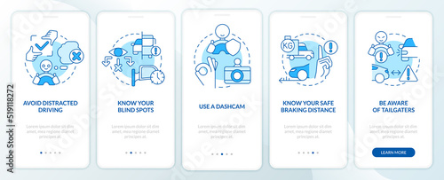 Driving safety rules for commercial drivers blue onboarding mobile app screen. Walkthrough 5 steps editable instructions with linear concepts. UI, UX, GUI template. Myriad Pro-Bold, Regular fonts used