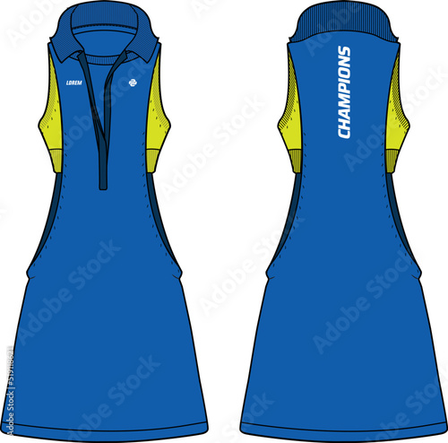 Women Sleeveless slashed polo collar tennis dress t-shirt with sports bra jersey design flat sketch Illustration suitable for girls and Ladies, golf dress for tennis, netball, badminton sport kit
