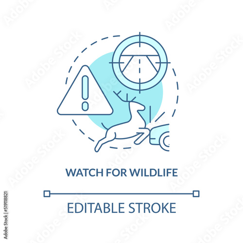 Watch for wildlife turquoise concept icon. Slow down. Driving safety at night abstract idea thin line illustration. Isolated outline drawing. Editable stroke. Arial, Myriad Pro-Bold fonts used