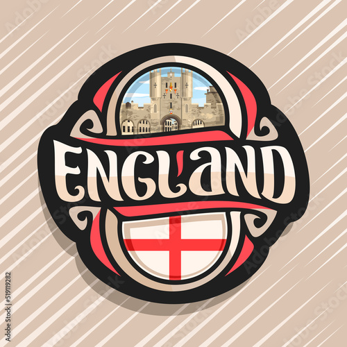 Vector logo for England, fridge magnet with english flag, original brush typeface for word england and national english symbol - southern entrance to York, Micklegate Bar on blue cloudy sky background