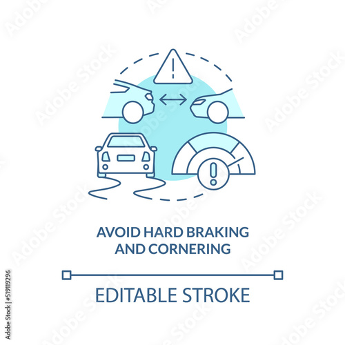 Avoid hard braking and cornering turquoise concept icon. Commercial drivers safety abstract idea thin line illustration. Isolated outline drawing. Editable stroke. Arial, Myriad Pro-Bold fonts used