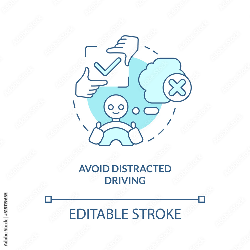 Avoid distracted driving turquoise concept icon. Driving safety for commercial driver abstract idea thin line illustration. Isolated outline drawing. Editable stroke. Arial, Myriad Pro-Bold fonts used