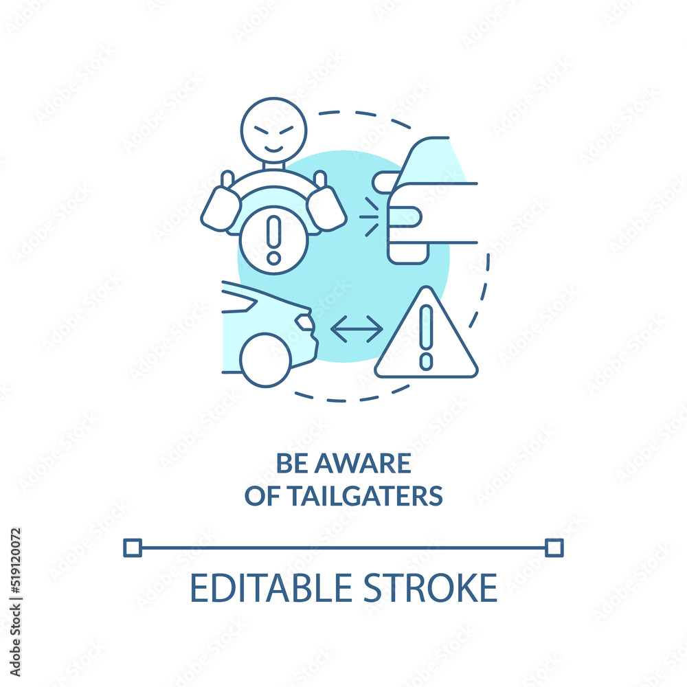 Be aware of tailgaters turquoise concept icon. Driving safety for commercial drivers abstract idea thin line illustration. Isolated outline drawing. Editable stroke. Arial, Myriad Pro-Bold fonts used