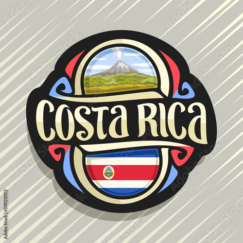 Vector logo for Costa Rica country, fridge magnet with state flag, original brush typeface for words costa rica and national symbol - erupting Arenal Volcano in jungle on blue cloudy sky background