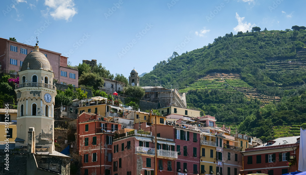Travel to Cinque Terre. Aerial view over Vernazza architecture landmark village at the coast of Liguria Sea from Italy. 