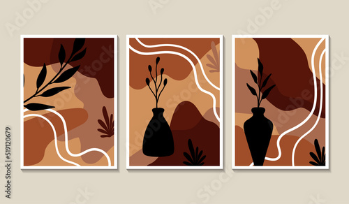 Botanical wall art abstract vector set. Foliage line drawing. Neutral boho art print. Minimal mid century wall art print for bedroom decor. Gallery decor poster, terracota watercolor. Vector poster