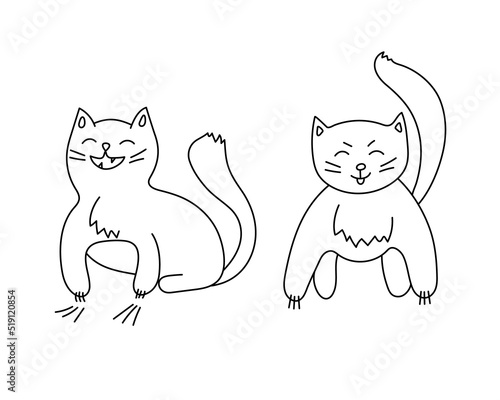Hand-drawn harmful cute cats. Kitties with claws, cartoon doodle style. Simple sketch for coloring book. Editable stroke. Isolated. Vector illustration