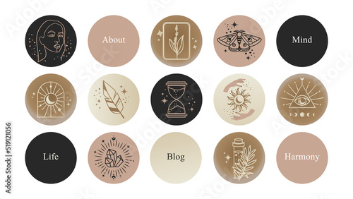 A set of magical icons for highlights blog about mental health, esotericism and magic, numerology and astrology and personality decoding