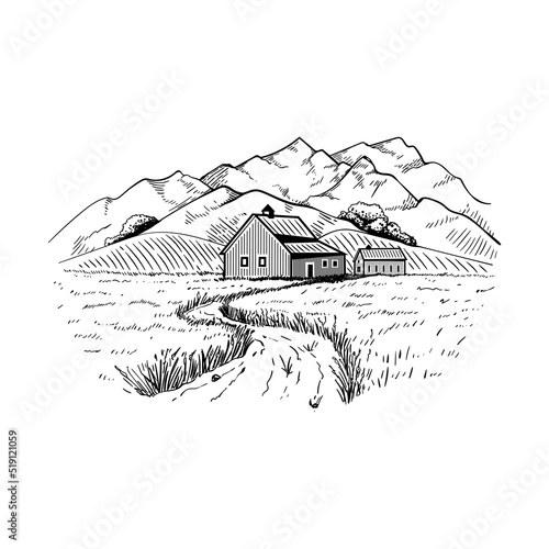 Farmhouse in a field of wheat, rye or barley. Farming engraving, agribusiness and organic products