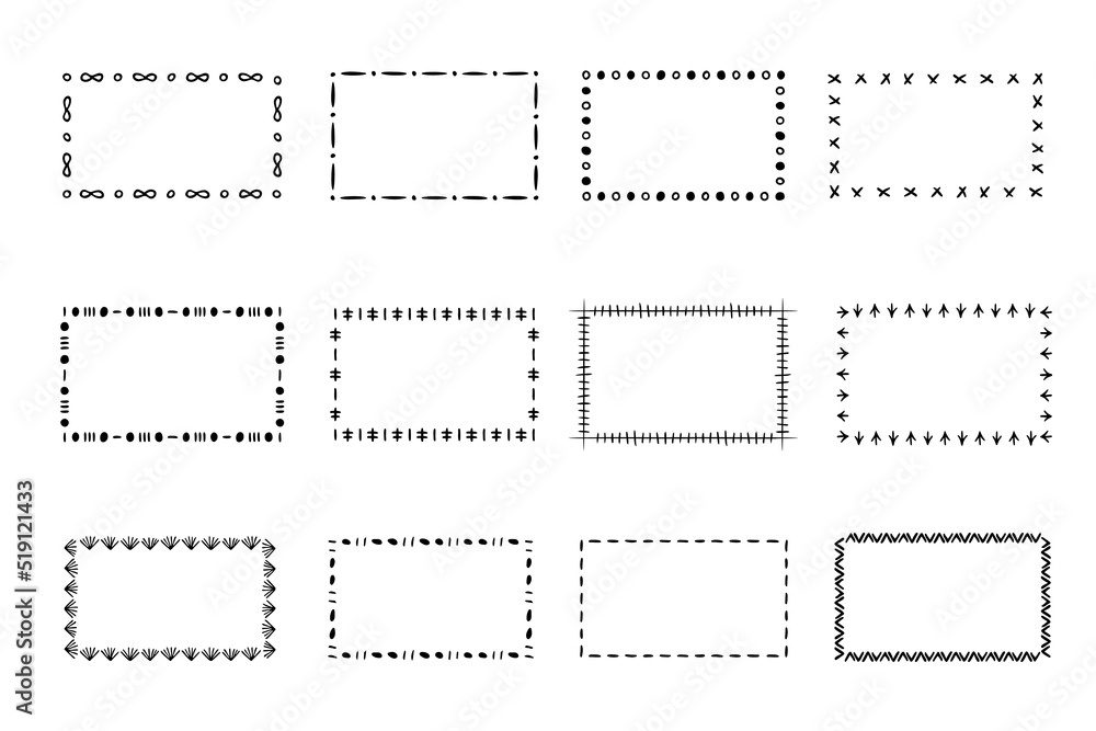 Doodle frames set, hand-drawn monograms.Edgings and cadres with simple sketchy elements for your design.Isolated. Vector illustration.