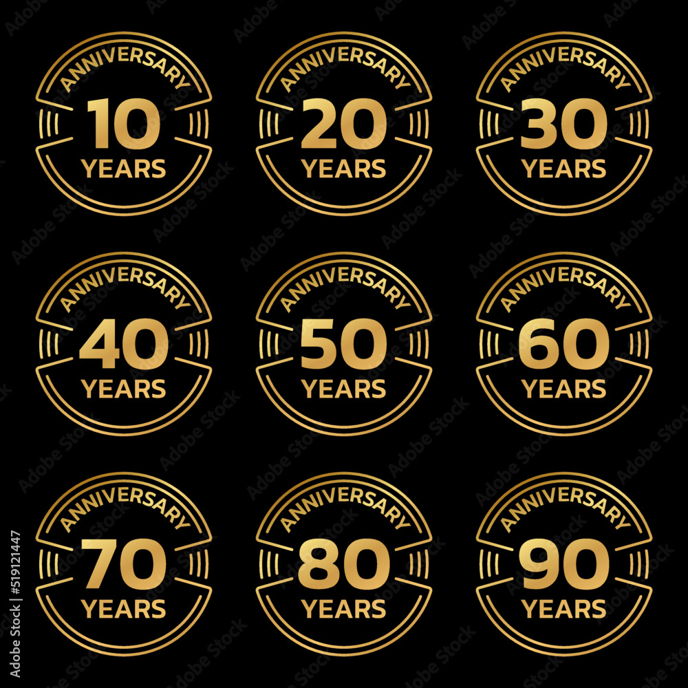 Naklejka premium Anniversary golden logo or icon set. 10,20,30,40,50,60,70,80,90 years round stamp collection. Birthday celebrating, jubilee circle badge or label templates. Vector illustration.
