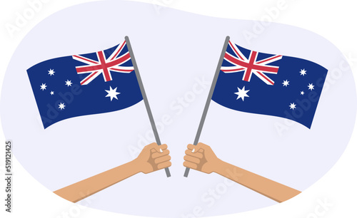 Australia waving flag icon or badge. Hand holding Australian flags. Vector illustration.