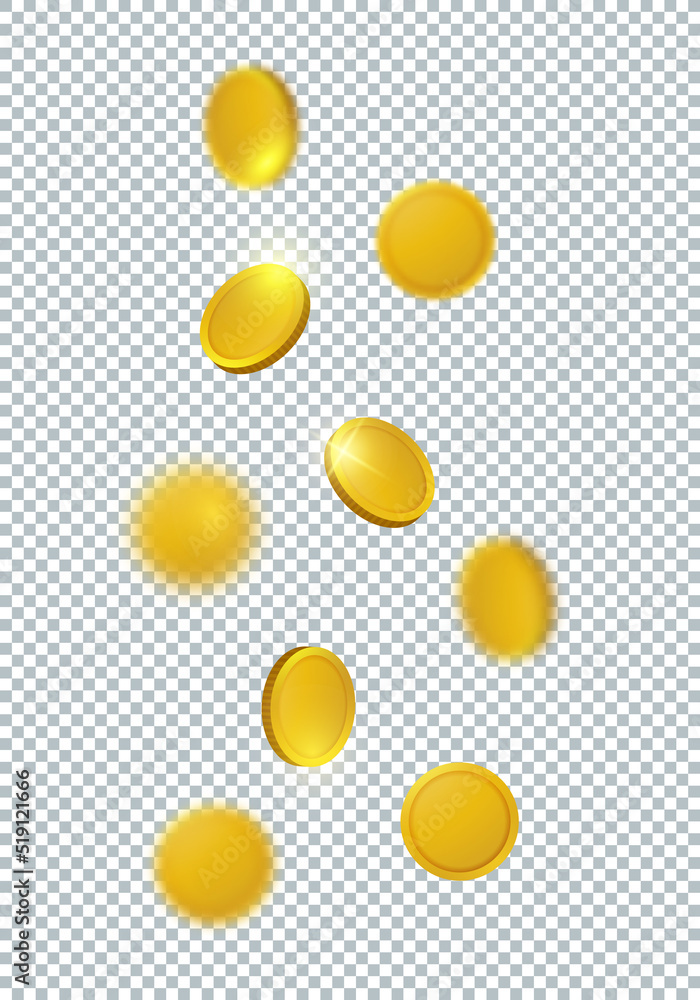Falling Gold Coins Rain. Isolated Illustration of Money on Transparent Background