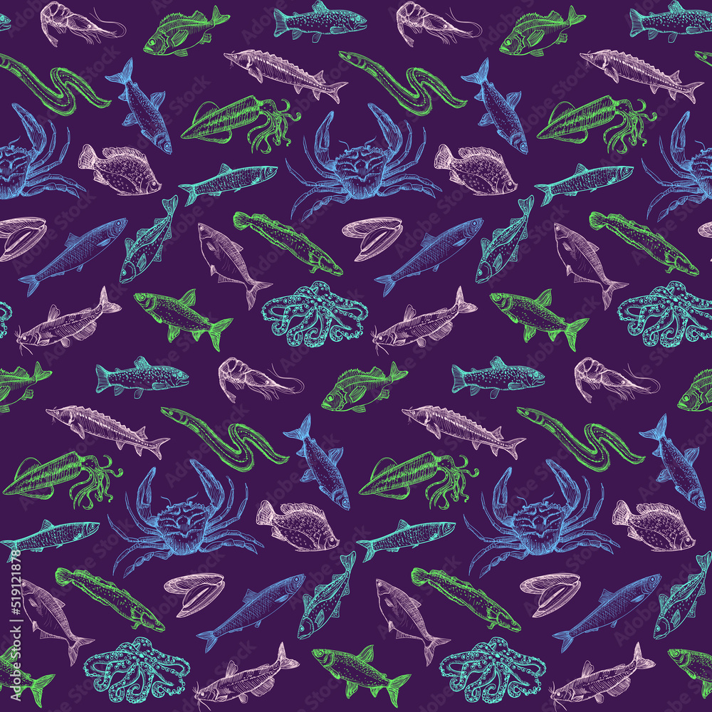 Marine style graphic seamless pattern with fish and crustaceans Marine style graphic seamless pattern with fish and crustaceans