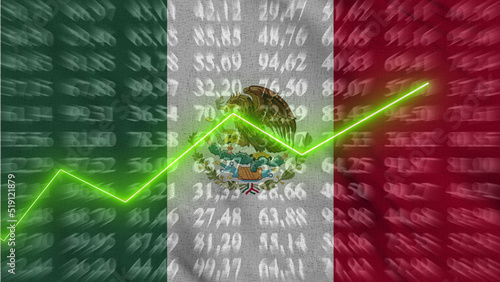 Mexico financial growth, Economic growth, Up arrow in the chart against the background flag