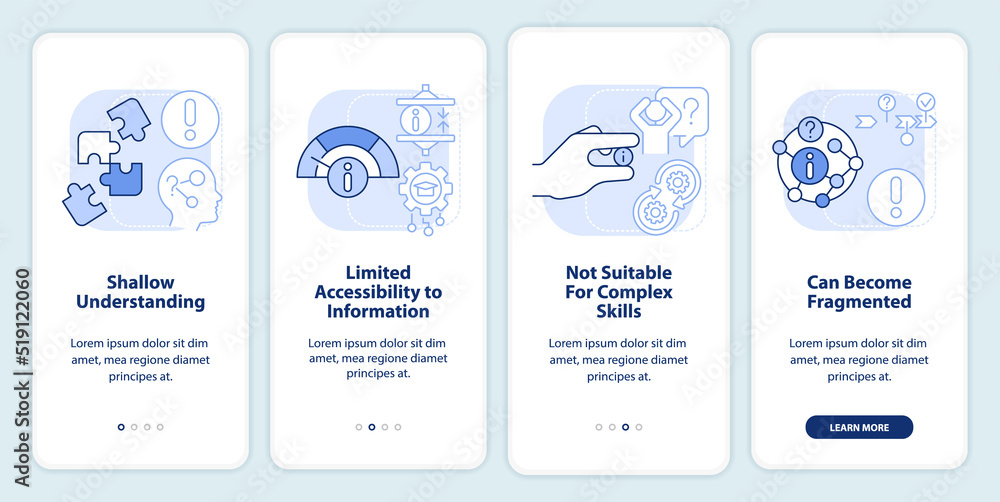Microtraining negatives light blue onboarding mobile app screen. Walkthrough 4 steps editable graphic instructions with linear concepts. UI, UX, GUI template. Myriad Pro-Bold, Regular fonts used