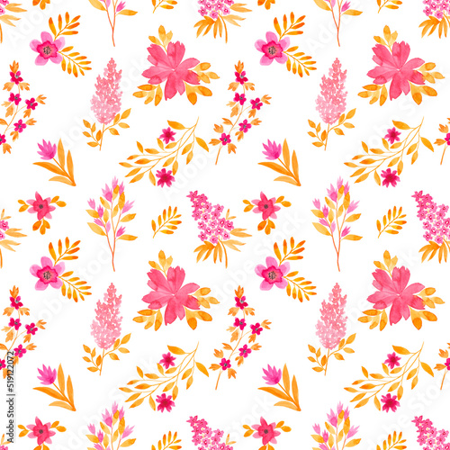 Watercolor delicate pink-orange pattern for wrapping paper design, invitations, banner creation, printing on fabric. Beautiful seamless pattern with flowering twigs