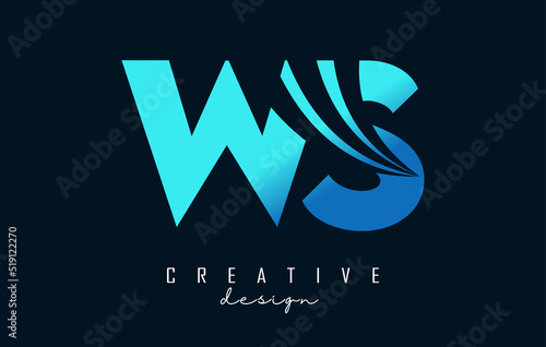 Creative blue letters WS w s logo with leading lines and road concept design. Letters with geometric design.