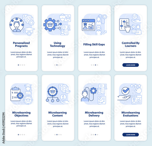 Effective teaching approach light blue onboarding mobile app screen set. Walkthrough 4 steps editable graphic instructions with linear concepts. UI, GUI template. Myriad Pro-Bold, Regular fonts used