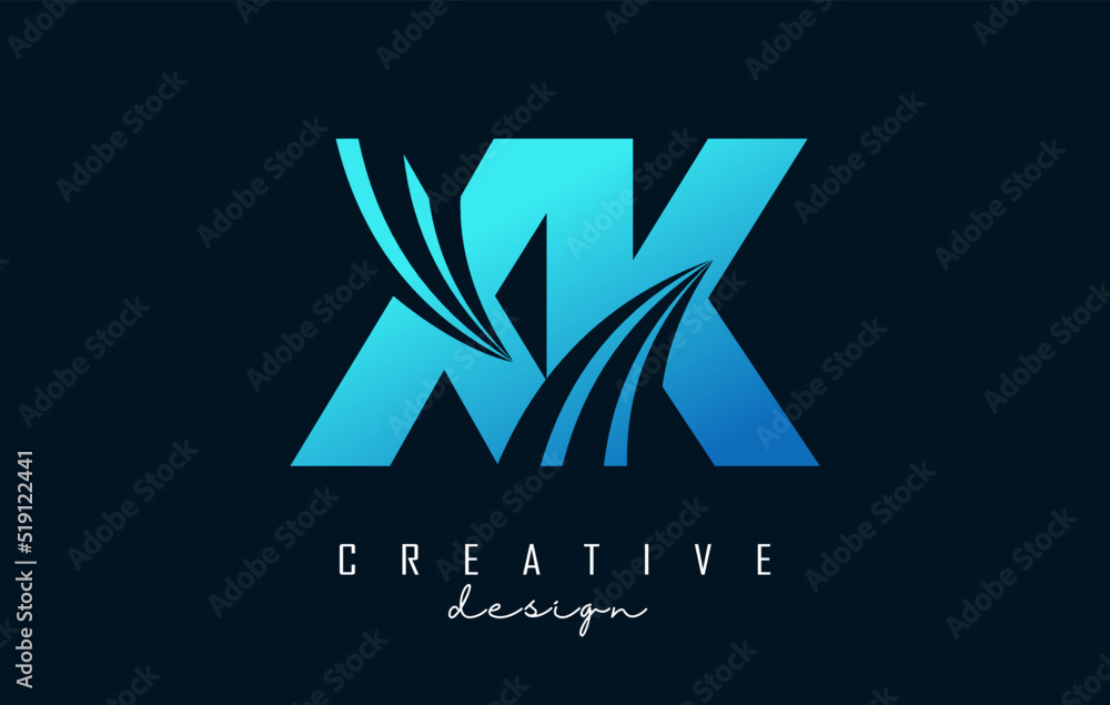 Creative blue letters Xk x k logo with leading lines and road concept design. Letters with geometric design.